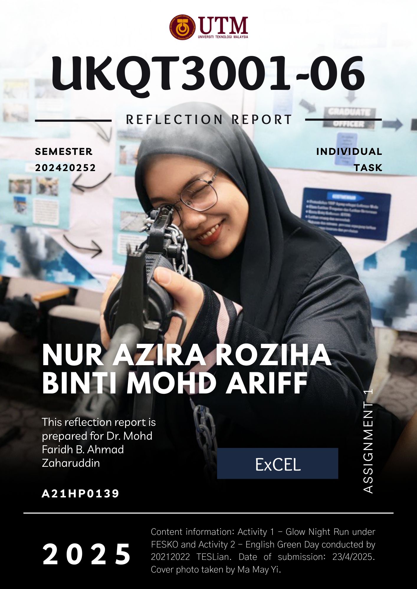 A21HP0139-Assignment-1-Reflection-Magazine A woman wearing a hijab and glasses holds a camera, smiling. The background features a poster with various images and text related to an assignment report.
