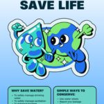A colorful illustration promoting water conservation, featuring a smiling water droplet and a cheerful Earth character. Text includes "Save Water, Save Life" and tips for conserving water.