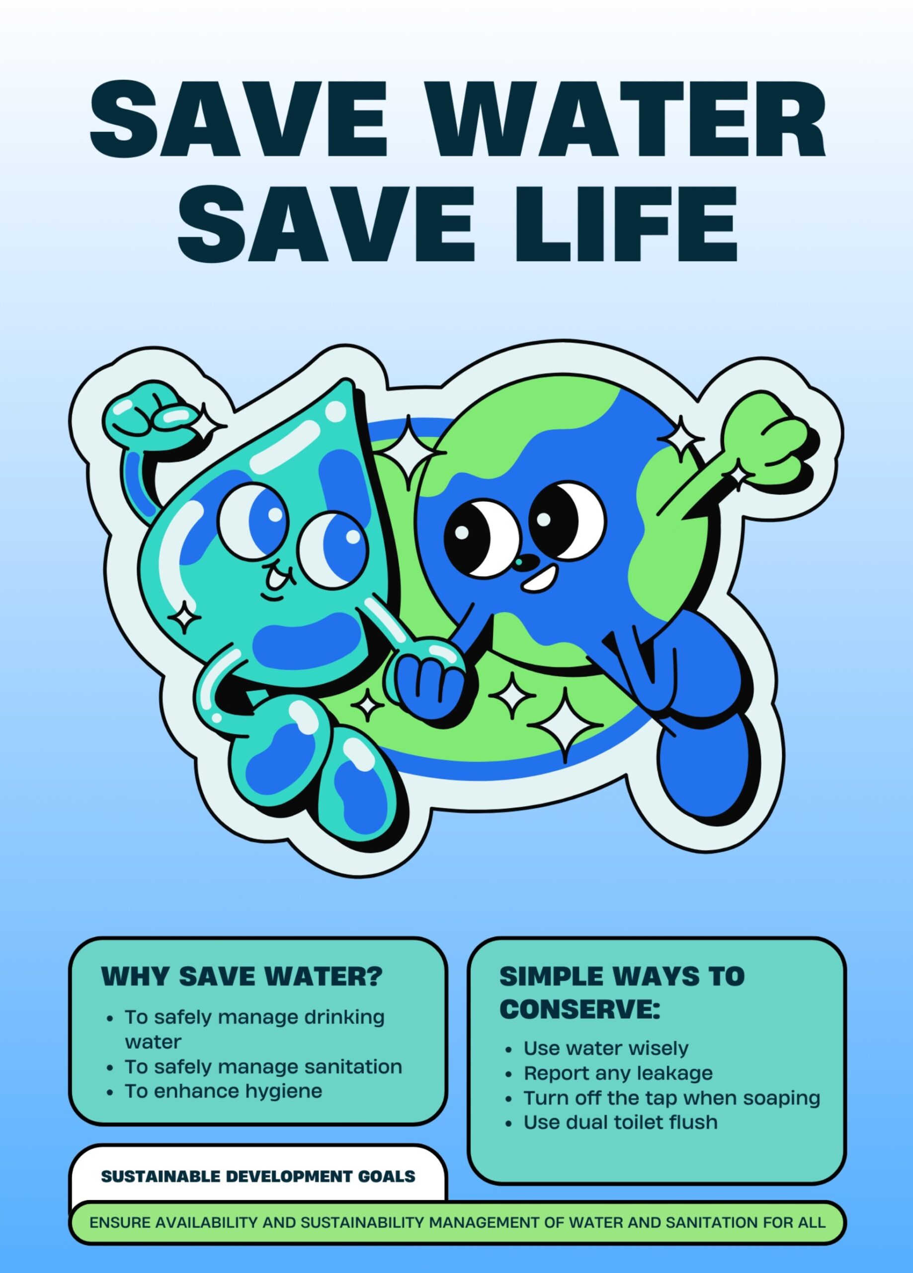 SAVE WATER SAVE LIFE A colorful illustration promoting water conservation, featuring a smiling water droplet and a cheerful Earth character. Text includes "Save Water, Save Life" and tips for conserving water.