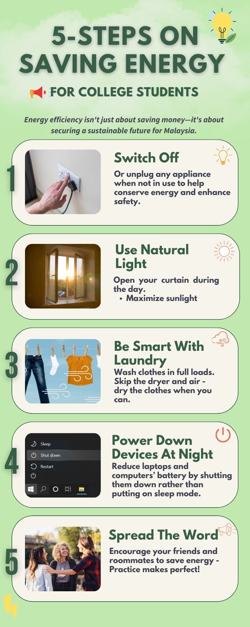 An infographic titled "5 Steps on Saving Energy for College Students," outlining energy-saving tips with illustrations for each step, including switching off appliances, using natural light, laundry advice, powering down devices, and encouraging others to save energy.
