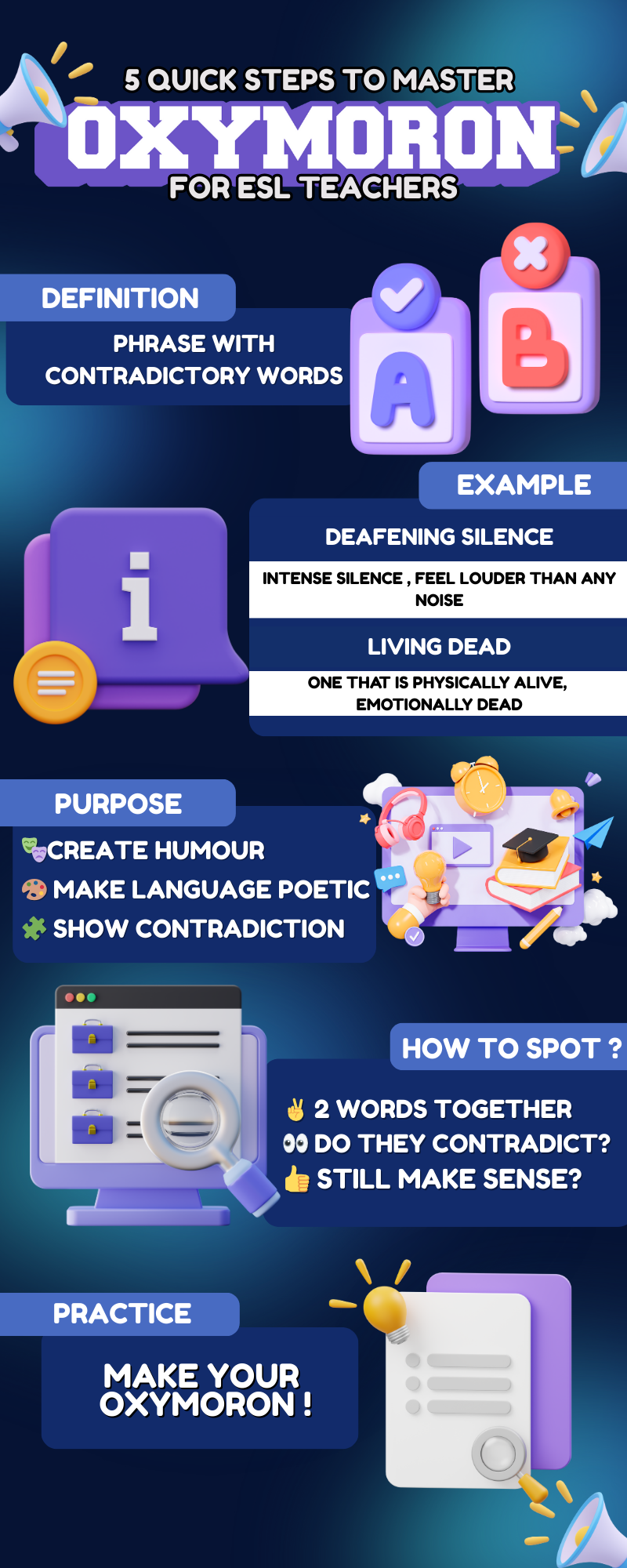 5 Quick Steps to Master Oxymoron for ESL Teachers Infographic titled "5 Quick Steps to Master Oxymoron for ESL Teachers," outlining the definition, purpose, examples, spotting tips, and practice for using oxymorons in language.
