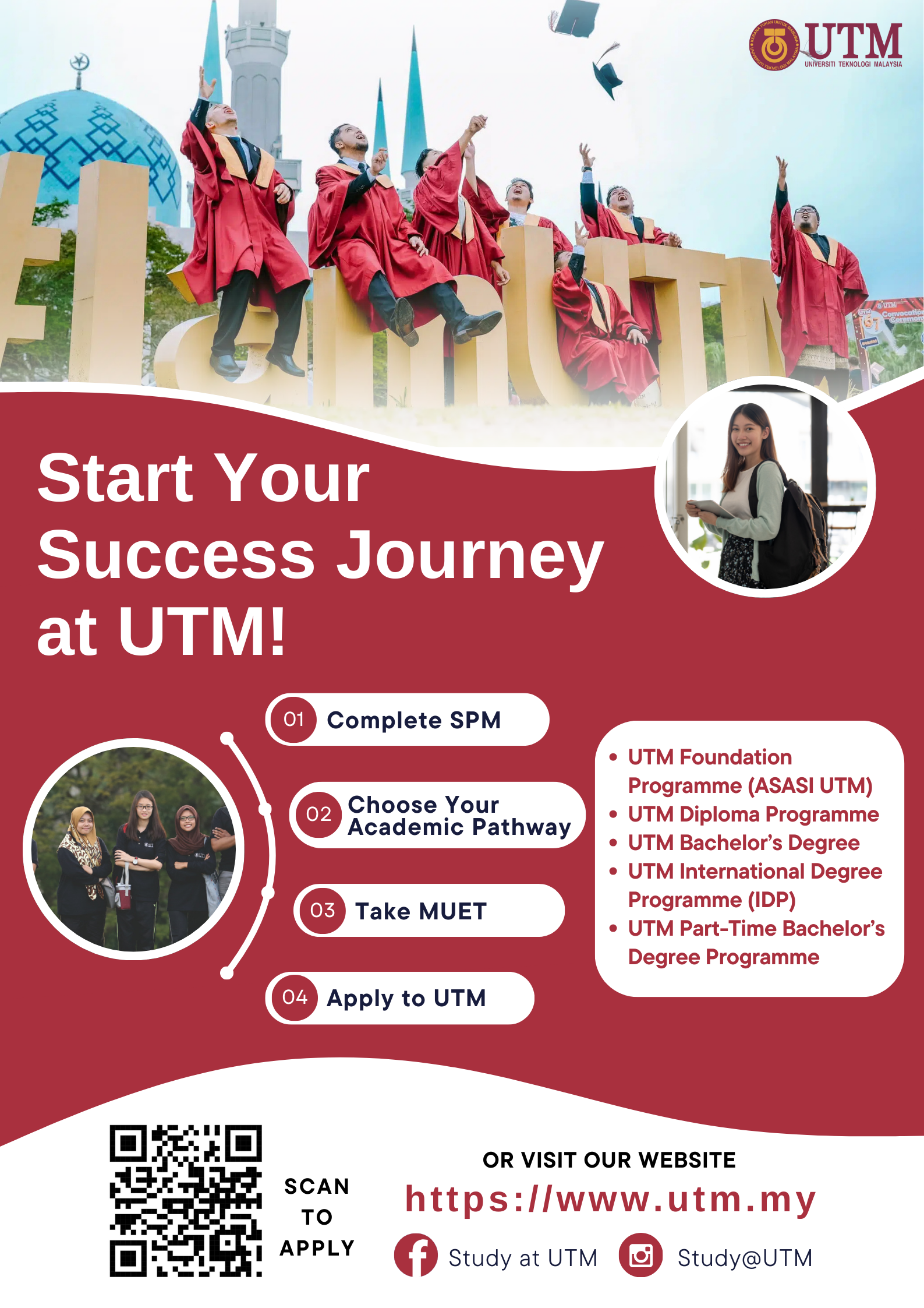 START YOUR SUCCESS JOURNEY AT UTM A group of graduates in red gowns celebrates outdoors, tossing their caps in the air in front of a large sign that reads "#IAmUTM." An inset image features a smiling female student holding papers. Text outlines steps to enroll at UTM.