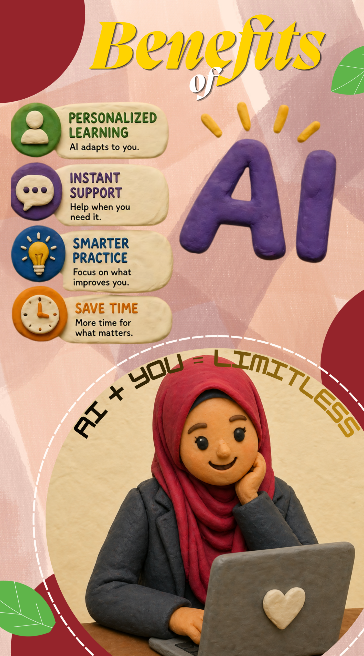 This poster shows some of the benefits of Artificial Intelligence (AI) to the students. AI is not to replace the role of the teacher but more to a study partner for the students who use it wisely and ethically. The clay design for the elements are used as a take for a creative and unusual approach.