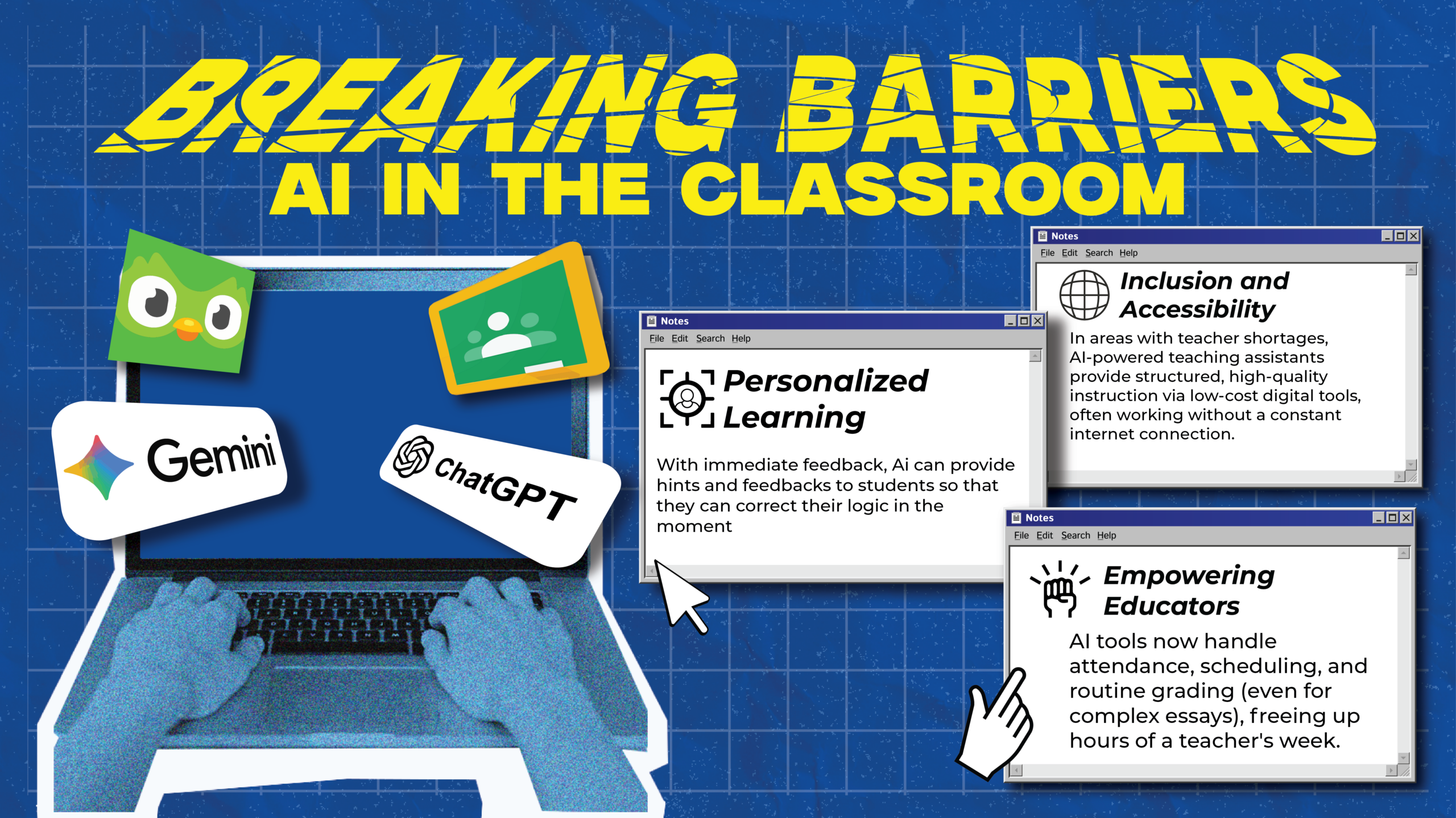 GROUP 1

Theme: The concept for this poster is collage pop art, mixing elements of web core design to represent the features we see when using AI.

Typography: There are two types of font used, Milker