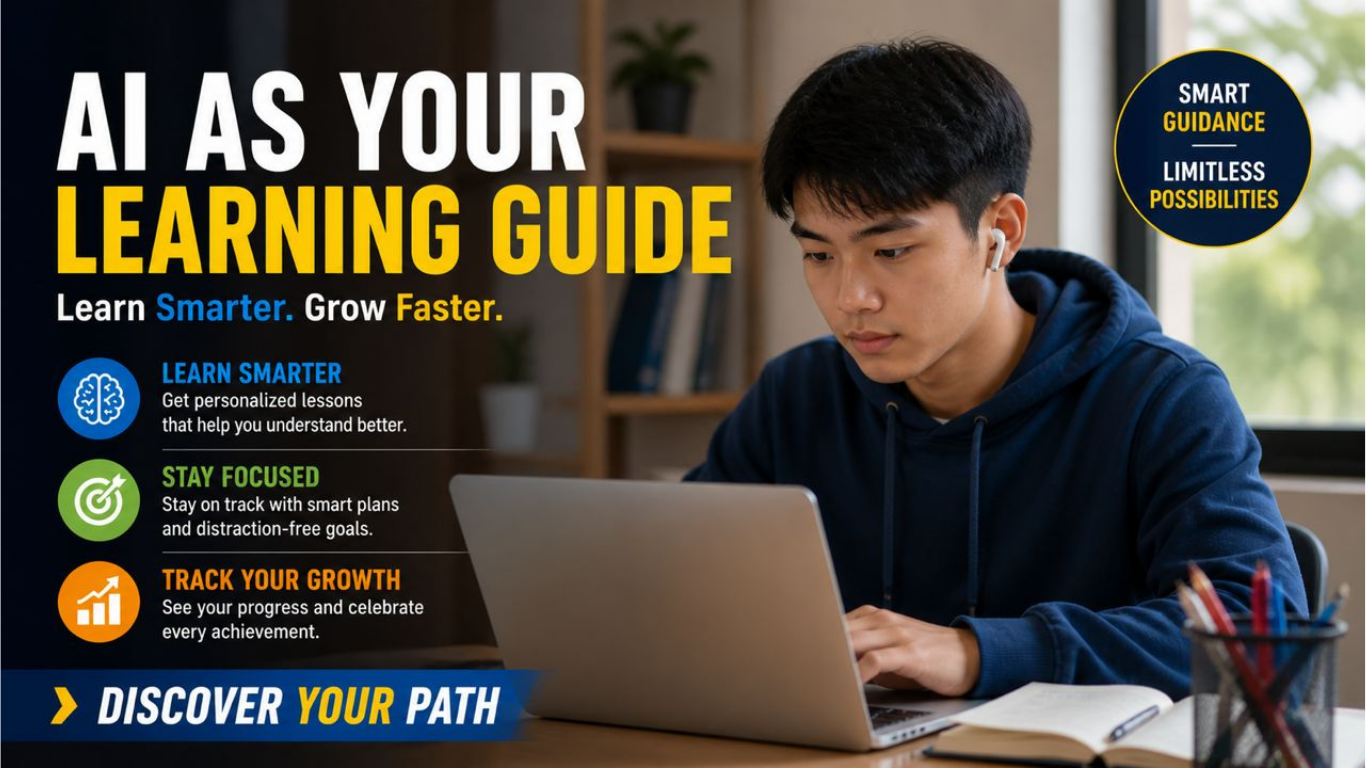 This poster utilizes a clean and modern aesthetic designed to appeal to students and lifelong learners. By featuring a relatable image of a student engaged with technology, the poster creates a sense of approachability and practical application. 
