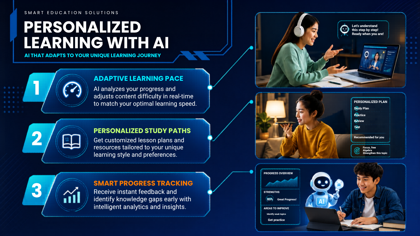 1. Theme/ Concept: The theme of this poster is “Personalized Learning with AI.” It shows how AI helps students learn based on their own learning style and pace. The student images and AI elements make the design look modern, realistic and interactive. The three images show different uses of AI in education such as online learning, study plans and progress tracking.

2. Font/ Typography: The typography is modern, clean and easy to read. The main title is large, bold and in uppercase to attract attention. Subheadings are colourful and bold to highlight important points while the smaller text is simple and readable.

3. Colour selection: The poster uses dark blue, light blue, turquoise and white colours. These colours match the technology and AI theme well. The bright text stands out clearly on the dark background making the content easier to read.

4. Layout Settings: The layout is organized in an infographic style with a clear numbered sequence. The text and images are balanced well helping readers follow the information step by step. The design looks neat and visually interesting.

5. Design Overview: The poster looks modern, informative and attractive. The combination of real student images, AI graphics and icons clearly explains the concept of AI in education. The design is easy to understand at a glance.

6. Other Factor (Spacing, Quality of Image, Contrast): The spacing is clean and not crowded. The images are high quality and match the AI theme. Strong contrast between the dark background and bright text improves readability and makes important information stand out clearly.