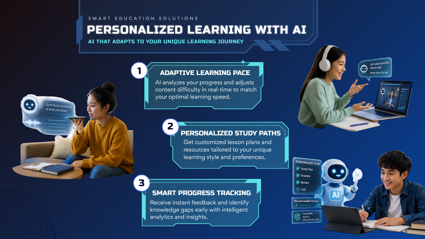 1. Theme / Concept: The theme of this poster is "Personalized Learning with AI" focusing on customized learning experiences for each student. This concept describes AI as an intelligent system that adapts to the individual learning needs. A robot and students in the image suggest AI as a learning assistant, guiding, and helping students. The robot’s screen has charts and data to show data-driven learning and progress analysis. Image has been changed from a static image to a more realistic image to show a living image by using real images of humans with Ai. 3 different images are used to show different uses of AI to students

2.  Font/Typography Typography is clean, modern and readable. The primary title “PERSONALIZED LEARNING WITH AI” is in bold, uppercase font to grab attention and emphasize the key message. Subheadings like: Adaptive Learning Pace Personalized Study Paths Smart Progress Tracking is slightly bolded to make important points stand out. The body text is smaller and lighter, making it readable without looking too cramped. The font hierarchy is clear to help guide the reader smoothly through the content.

3. Color selection: Based on previous comments, the background was changed so that the writing could be read better and the image could be seen more clearly. The combination of high contrast of dark blue and light blue on the poster goes well with a technology theme. Blue conveys trust and intelligence. Turquoise is used to highlight important information Gradients and glowing effects make it look futuristic and technology. White text is easier to read on a dark background. 

4. Layout Settings : The layout is in an infographic style. The information is presented in a numbered sequence (1, 2, 3) with a clear flow of ideas: 1 Adaptable learning 2. Personalized learning paths 3. Tracking progress The illustrations are on both sides, in the middle of the text, balancing the design. It is a good composition, well thought out structure and has visual interest. The main focus are the image of the student with AI and then audience will see the primary tittle and then go to the main info in the middle of text.

5. Design Overview All in all, the poster appears modern, interactive and informative. The image of student combined with data elements (charts, screens) effectively communicated the concept of AI in education. It’s good for social media because it’s a clear message that’s easy to understand at a glance.

6. Other Factors (Spacing, Quality of Image, Contrast) Spacing: Good spacing keeps the content clear and not crowded Image Quality: Good quality illustrations that match the AI theme Contrast Use high contrast to ensure readability between text and background Visual clarity: Icons, numbering and content boxes help systematically organise information.