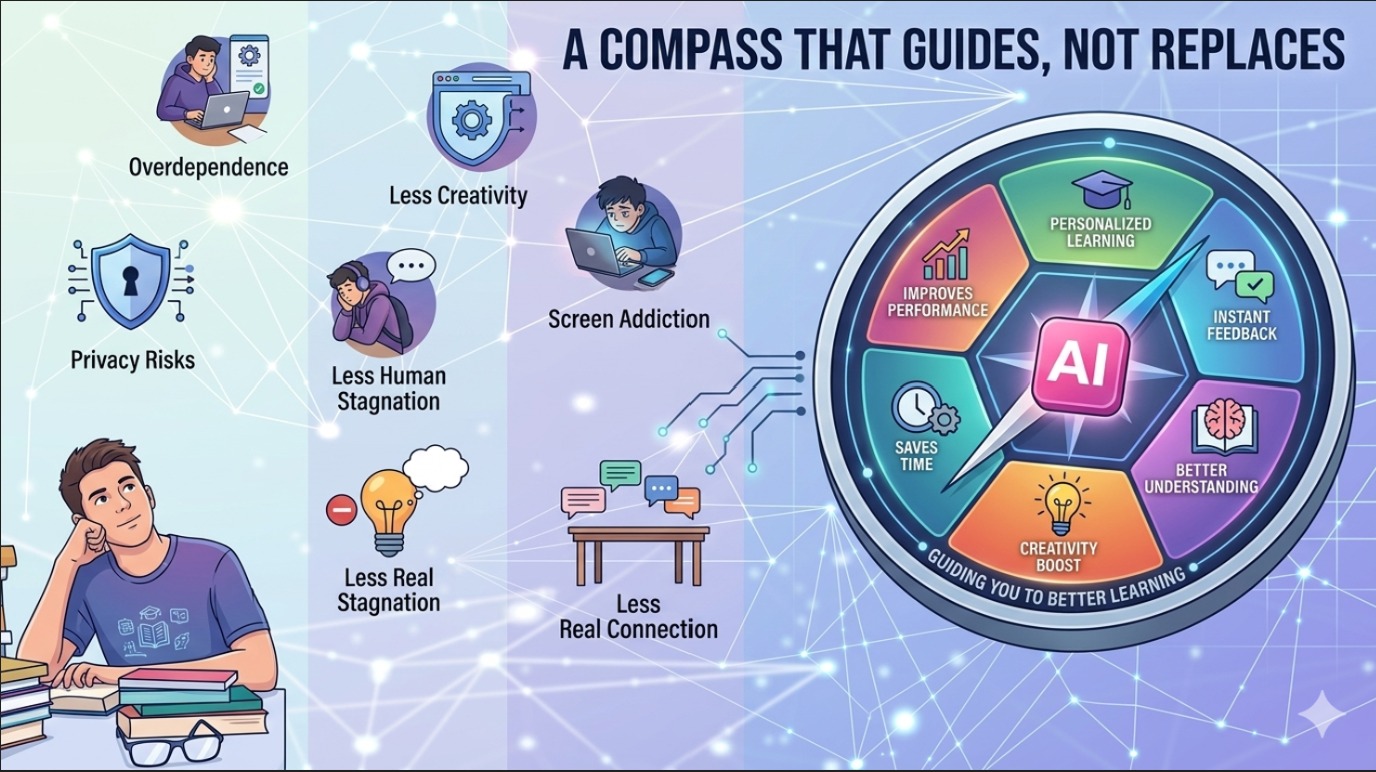 An infographic titled "A Compass That Guides, Not Replaces," illustrating potential drawbacks of AI, such as overdependence and privacy risks, alongside benefits like personalized learning and improved performance.